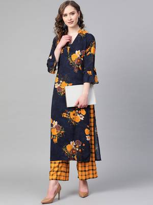 Navy Blue Color Floral Yellow color Printed V Neck women Kurta palazzo set 4