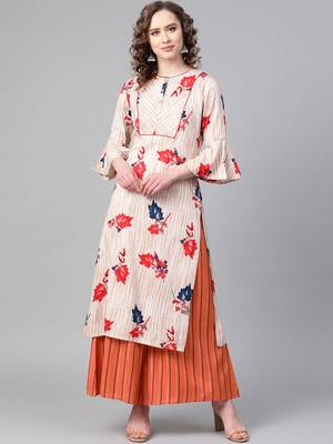 Mandarin Neck, Cream base color and Red color print women Kurta palazzo set 1