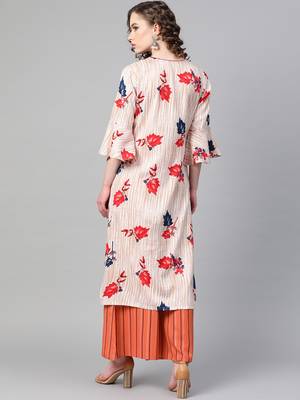 Mandarin Neck, Cream base color and Red color print women Kurta palazzo set 2