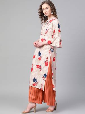 Mandarin Neck, Cream base color and Red color print women Kurta palazzo set 3