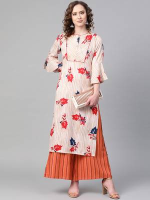 Mandarin Neck, Cream base color and Red color print women Kurta palazzo set 4