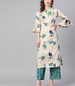 Mandarin Neck, Cream base color and Green color print women Kurta palazzo set