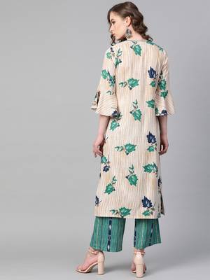Mandarin Neck, Cream base color and Green color print women Kurta palazzo set 2