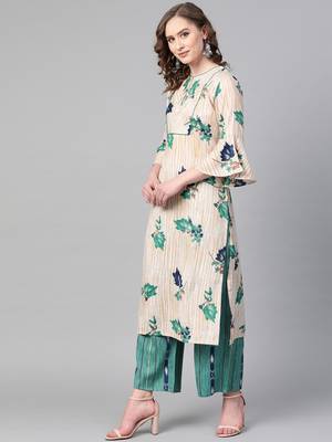 Mandarin Neck, Cream base color and Green color print women Kurta palazzo set 3