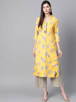 V Neck, with front attached fashion Yellow color Below Knee length women  Kurta palazzo set 1