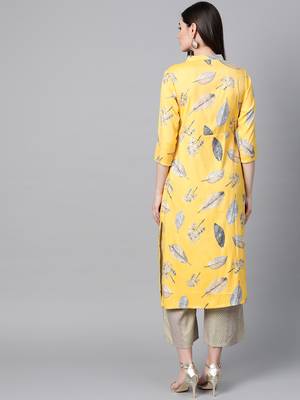 V Neck, with front attached fashion Yellow color Below Knee length women  Kurta palazzo set 2
