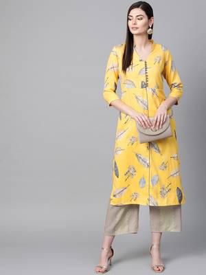 V Neck, with front attached fashion Yellow color Below Knee length women  Kurta palazzo set 4