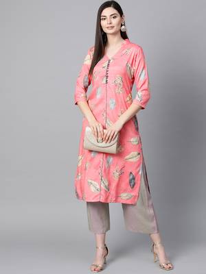 V Neck, with front attached fashion Pink color women Kurta palazzo set 1