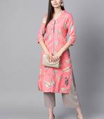 V Neck, with front attached fashion Pink color women Kurta palazzo set