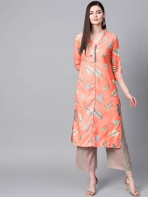 V Neck, with front attached fashion Peach color women Kurta palazzo set 1