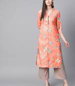 V Neck, with front attached fashion Peach color women Kurta palazzo set