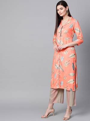 V Neck, with front attached fashion Peach color women Kurta palazzo set 3
