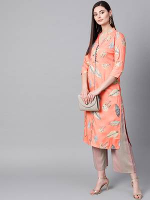 V Neck, with front attached fashion Peach color women Kurta palazzo set 5