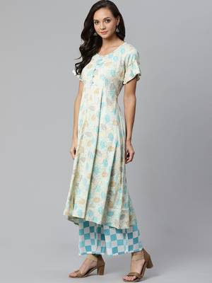 Cream and Blue printed kurta with palazzos Set 1