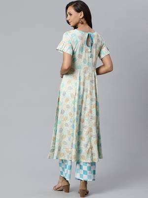 Cream and Blue printed kurta with palazzos Set 2