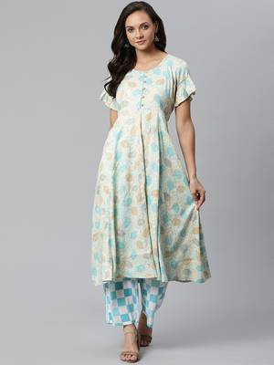Cream and Blue printed kurta with palazzos Set 3