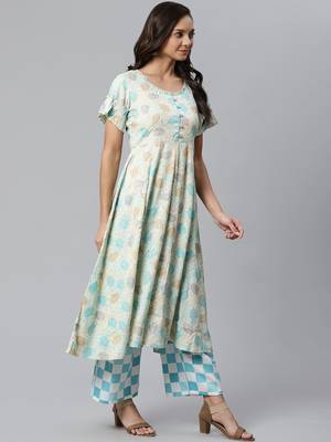Cream and Blue printed kurta with palazzos Set 4