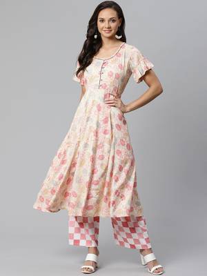 Cream and Pink printed kurta with palazzos Set 1