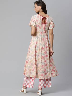 Cream and Pink printed kurta with palazzos Set 2