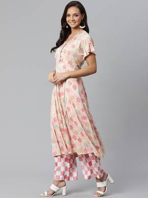 Cream and Pink printed kurta with palazzos Set 3