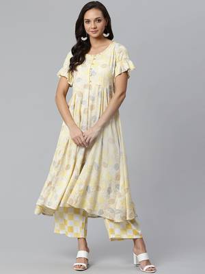 Cream and Yellow printed kurta with palazzos Set 1