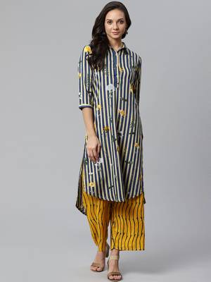 Shirt Collor High Low Hem, Striped Print Design Kurta and Palazzo Set 1