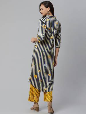 Shirt Collor High Low Hem, Striped Print Design Kurta and Palazzo Set 2