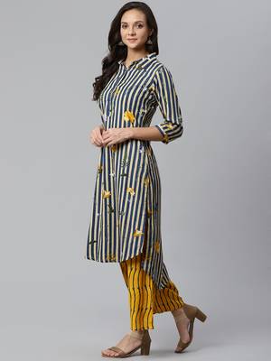 Shirt Collor High Low Hem, Striped Print Design Kurta and Palazzo Set 3