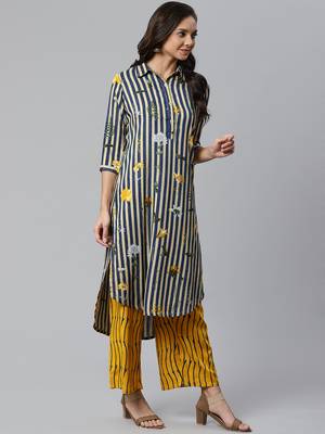 Shirt Collor High Low Hem, Striped Print Design Kurta and Palazzo Set 4