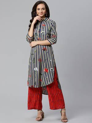 Shirt Collor High Low Hem, Striped Print Design, Kurta and Palazzo Set 1
