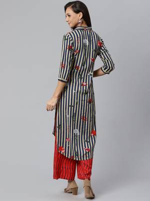 Shirt Collor High Low Hem, Striped Print Design, Kurta and Palazzo Set 2