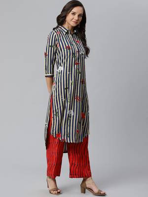 Shirt Collor High Low Hem, Striped Print Design, Kurta and Palazzo Set 4