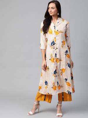 Beige and mustard yellow printed kurta with palazzos set 1