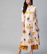 Beige and mustard yellow printed kurta with palazzos set