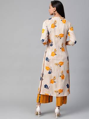 Beige and mustard yellow printed kurta with palazzos set 2