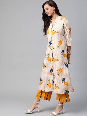 Beige and mustard yellow printed kurta with palazzos set 3