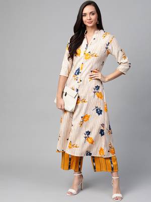 Beige and mustard yellow printed kurta with palazzos set 4