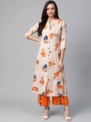 Cream-Coloured and orange floral print kurta with palazzos set 1