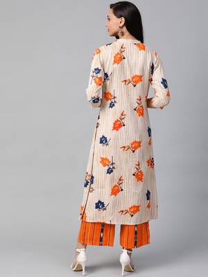 Cream-Coloured and orange floral print kurta with palazzos set 2