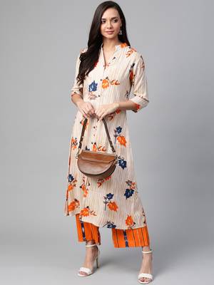 Cream-Coloured and orange floral print kurta with palazzos set 3