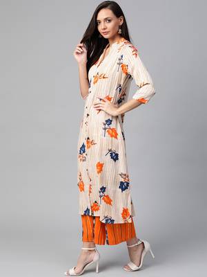 Cream-Coloured and orange floral print kurta with palazzos set 4