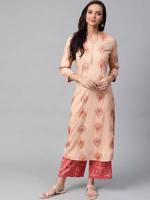 Peach-Coloured, red and golden printed kurta with palazzos set 1