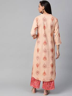 Peach-Coloured, red and golden printed kurta with palazzos set 2