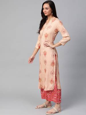 Peach-Coloured, red and golden printed kurta with palazzos set 3