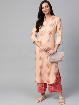 Peach-Coloured, red and golden printed kurta with palazzos set 4