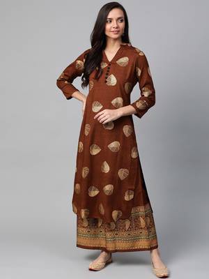 Brown and golden printed kurta with palazzos set 1