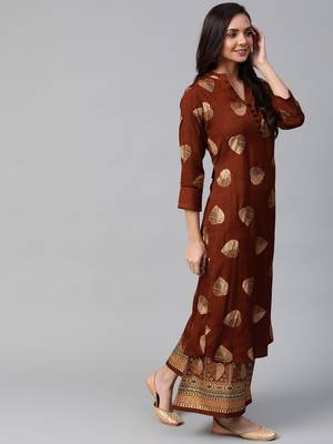 Brown and golden printed kurta with palazzos set 3