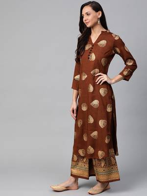 Brown and golden printed kurta with palazzos set 4