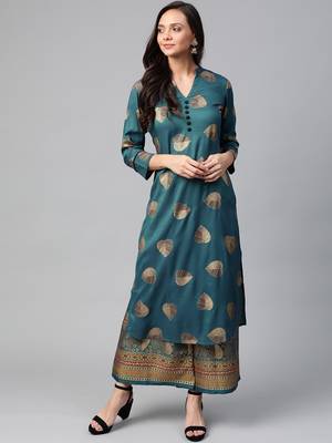 Teal blue and golden printed kurta with palazzos Set 1