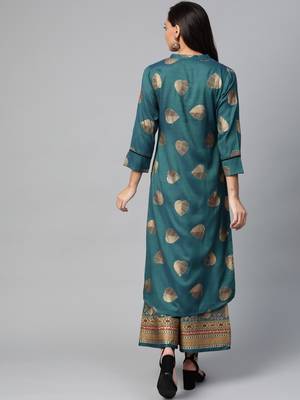 Teal blue and golden printed kurta with palazzos Set 2